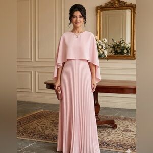 Rose Pink Cape Overlay Pleated Maxi Dress Modest Elegant Formal Evening Gown
